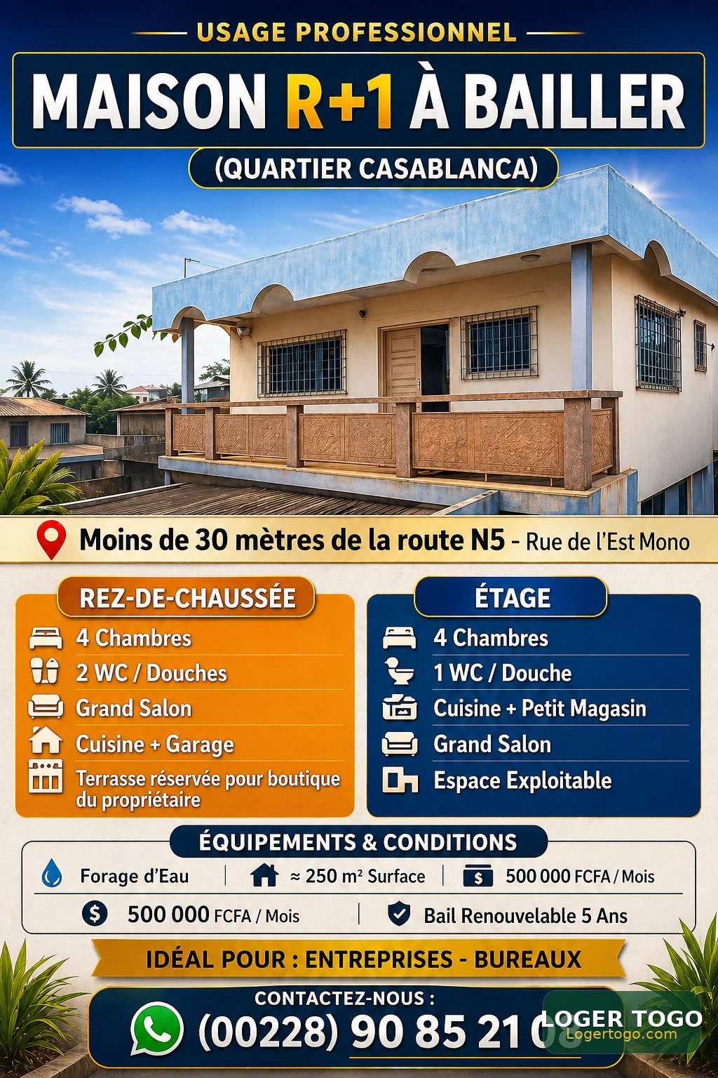 MAISON R+1 À LOUER À USAGE PROFESSIONNEL – LOMÉ-Cassablanca ,moins de 30 m de la nationale N5,(Boulevard du 30 Août)
